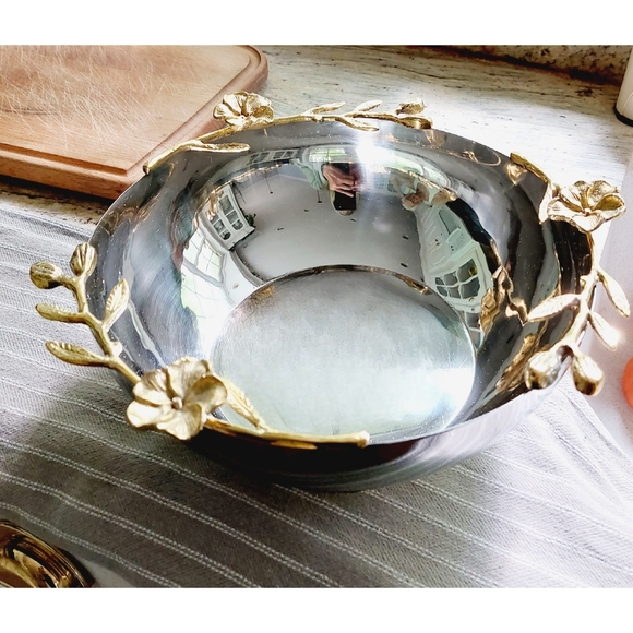 Decorative Polished Stainless Steel Bowl with Brass Orchid Stem on Edges NEW - Picture 3 of 7